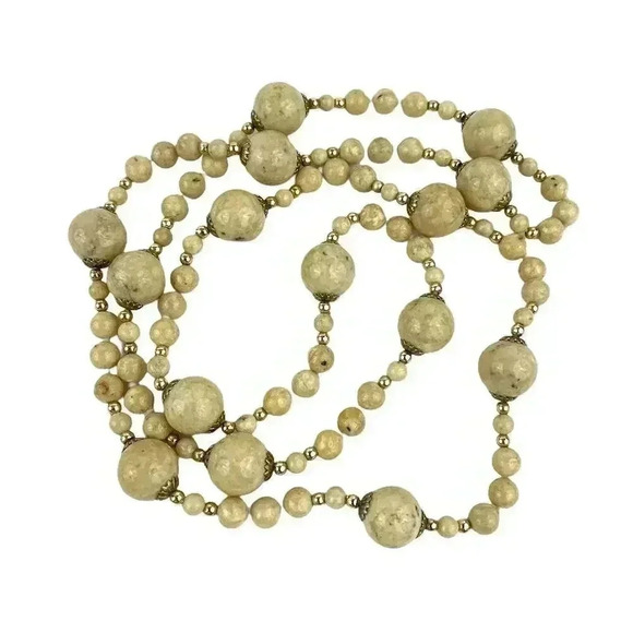 Natural Stone Beige Beaded Necklace 31" Long Various Size Beads - Picture 2 of 12